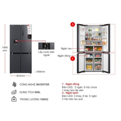 Kích thước tủ Lạnh 4 cánh Multi doors Inverter 509 Lít Toshiba GR-RF605WI-PMV(06)-MG