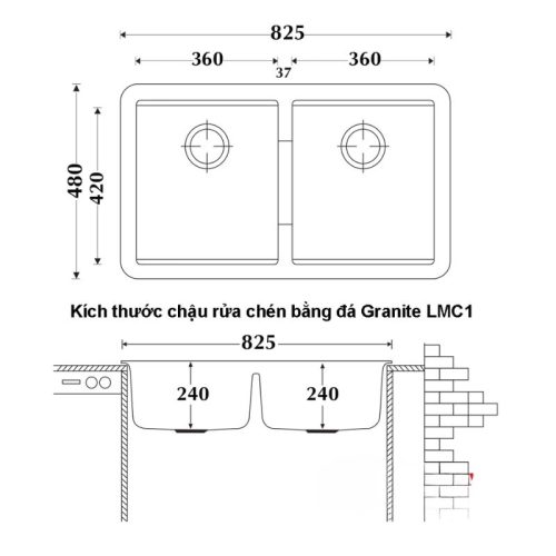 Chậu rửa chén Carysil LMC1-03 Nera 9 Kích thước chậu rửa đá LMC1-03